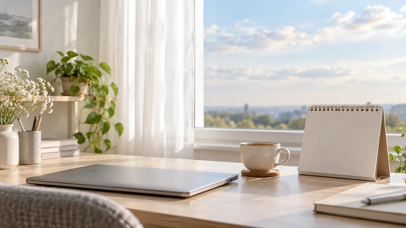 Birou liniștit cu laptopul închis și un calendar, lângă fereastră