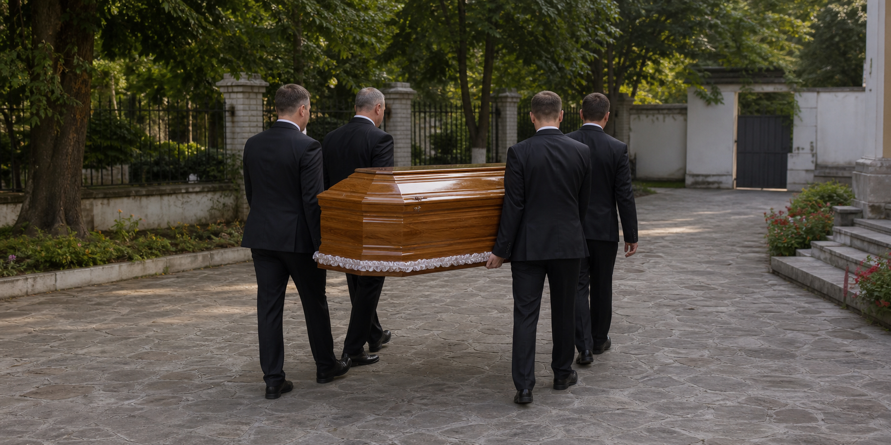 Echipă funerară transportând sicriul în curtea bisericii